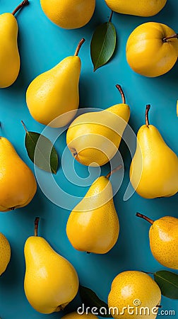 Yellow pears on a light blue background. Fruit harvest. Autumn still life. Pear variety Bera Conference Stock Photo