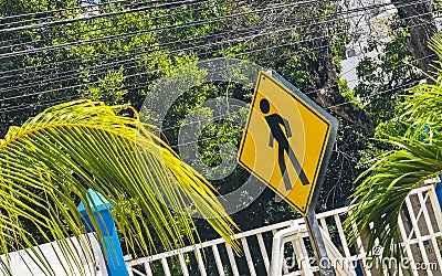 Yellow pedestrian sign street signin Playa del Carmen Mexico Editorial Stock Photo