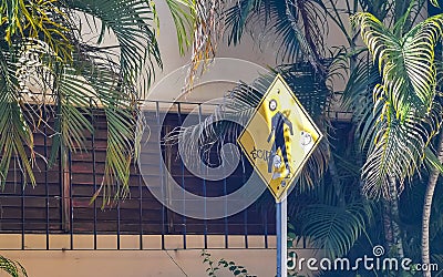 Yellow pedestrian sign street signin Playa del Carmen Mexico Editorial Stock Photo