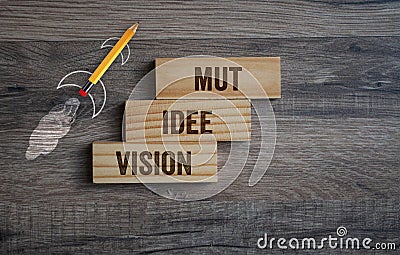 Yellow pencil rocket and ladder with pieces of wood and message Courage, Idea and Vision - Mut, Idee, Vision on wooden background Stock Photo