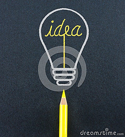 Yellow pencil sketch in light bulb shape ignite the idea word o Stock Photo