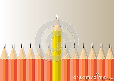 Yellow pencil standing out from orange pencils, leadership,difference and stand out from the crowd business concept Vector Illustration