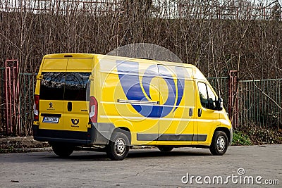 Yellow Peugeot Boxer van of Ceska posta Czech post office parked in Ostrava when delivering packages and parcels Editorial Stock Photo