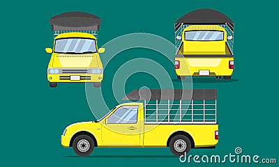 Yellow pickup truck with car steel grating plastic top cover front side back view transport vector illustration eps10 Vector Illustration