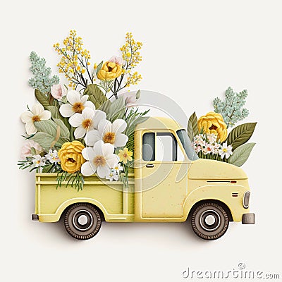 Yellow Pickup Truck With Flowers in Full Bloom. AI Generated Stock Photo