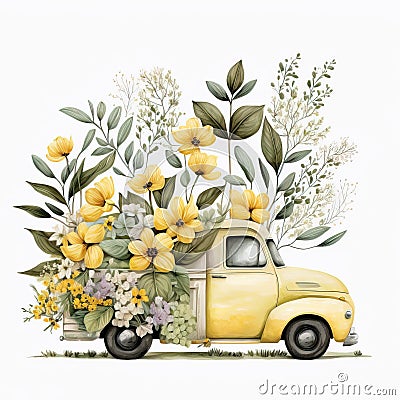 Yellow Pickup Truck With Flowers in Full Bloom. Generative AI Stock Photo