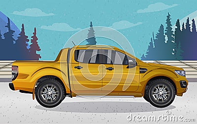 Yellow pickup truck ,on the road Vector Illustration