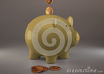 Yellow piggy bank with cryptocurrencies, golden physical coins, Ripple, Zcoin, Bitcoin and Etherium. Mining cryptocurrency Editorial Stock Photo