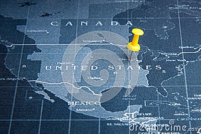 Yellow pin on the world map pin to United States of america countries.Business world wide system concept. Stock Photo