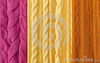 Yellow;Pink and Mustard-Yellow Knitted Items with Braids and Pattern.Hand Made;Fancywork Stock Photo