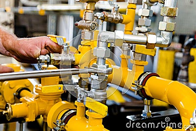 Yellow Gas pipes and measuring tool pressue Stock Photo