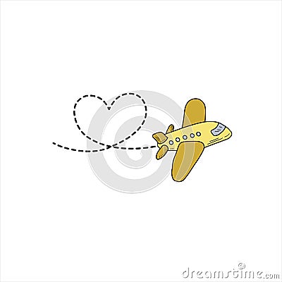 Yellow Plane with dotted line heart. Vector drawing by hand. Color cartoon illustration Cartoon Illustration