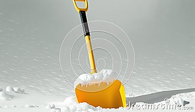 Yellow plastic shovel stuck upright fluffy pile white snow winter Picture copy space right tool season weather snowbank snowdrift Stock Photo