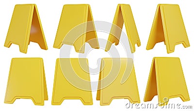 Yellow plastic warning sign template. Isolated wet floor caution board set. 3D rendering. Stock Photo