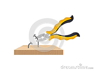 Yellow pliers pull the nails out of the wooden plank. Vector illustration on white background. Vector Illustration