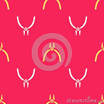 Yellow Pliers tool icon isolated seamless pattern on red background. Pliers work industry mechanical plumbing tool Vector Illustration