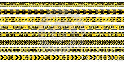 Yellow police tape. Crime scene ribbons and Do not cross stripe, danger warning restricted zone strip sign, accident Vector Illustration