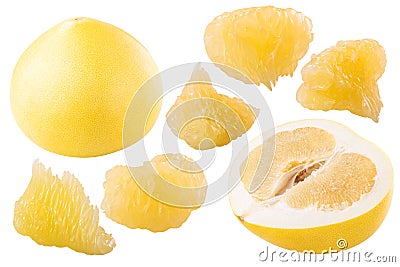 Yellow pomelo c. maxima whole, half, meat, paths Stock Photo