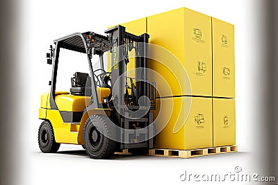 yellow powerful forklift delivering boxes with goods to warehouse Stock Photo