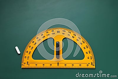 Yellow protractor and chalk on green chalkboard, flat lay. Space for text Stock Photo