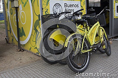 Yellow public bikes in the city Buenos Aires Argentina Latin America South America ncie Editorial Stock Photo