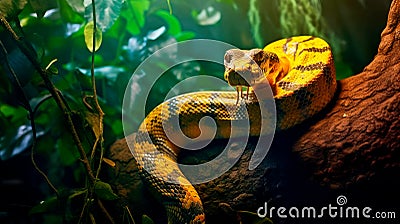 yellow python coiling around a tree in a rainforest. Stock Photo