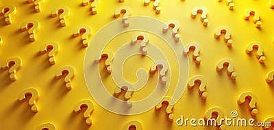 Yellow question marks on yellow background create visual representation of confusion, uncertainty. Graphic design conveys sense Stock Photo