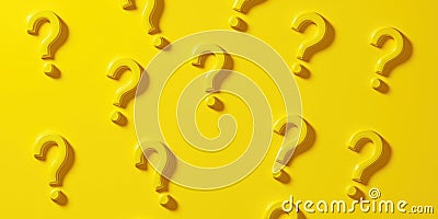 Yellow question marks on yellow background represent uncertainty, confusion. Design suggests need for solutions, answers. Graphic Stock Photo