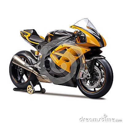 Yellow racing motorbike fixed on mount isolated on white created with Generative AI Stock Photo