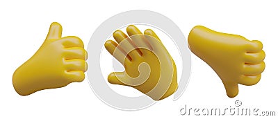 Yellow realistic hands show different gestures. Cheers, thumbs up and down Vector Illustration