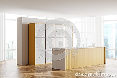 Yellow reception interior desk and cupboard storage, panoramic window Stock Photo