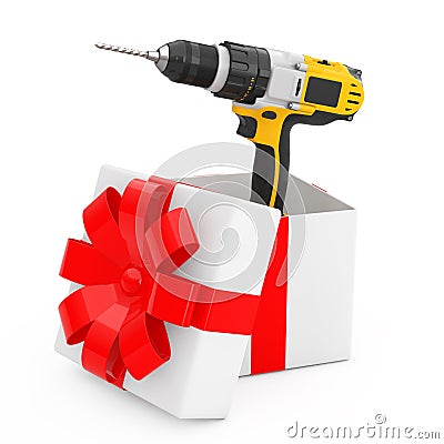 Yellow Rechargeable and Cordless Drill Come Out of the Gift Box Stock Photo