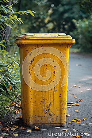 A yellow recycling container is on the street Stock Photo