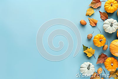 Yellow and red dried leaves and small orange pumpkins on blue background, top view, copy space. Halloween, Thanksgiving holiday Stock Photo