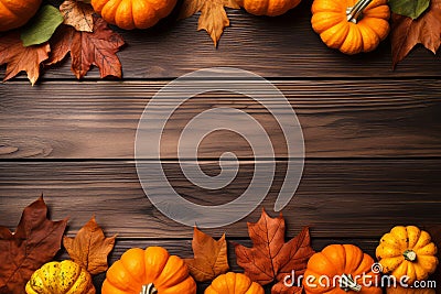 Yellow and red dried leaves and small orange pumpkins on brown wooden background, top view, copy space. Halloween, Thanksgiving Stock Photo