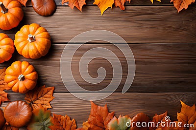 Yellow and red dried leaves and small orange pumpkins on brown wooden background, top view, copy space. Halloween, Thanksgiving Stock Photo