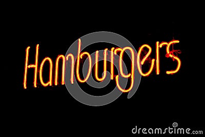 Yellow and Red Flourescent Hamburger Sign Stock Photo