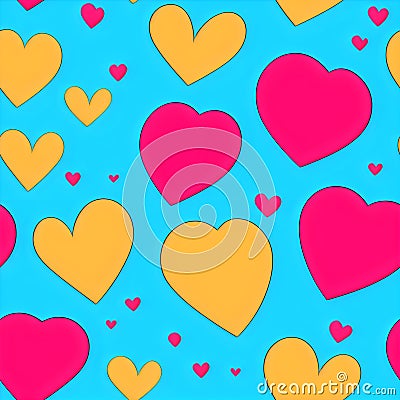 Yellow and red hearts on blue background, seamless hearts pattern, tileable Valentine texture asset, part of Stock Photo