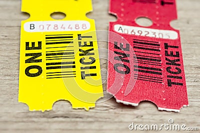 Yellow and red paper tickets Stock Photo