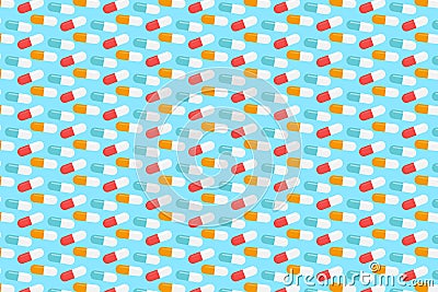 Yellow, red and white pills pattern. Blue medical background Stock Photo