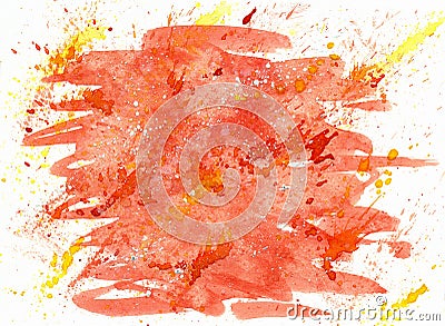 Yellow, red and white splashes on a large red watercolor spot. Watercolor abstract texture. Stock Photo