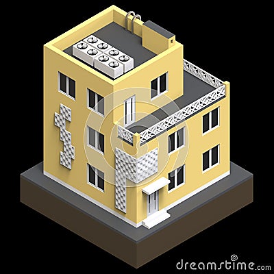 Yellow residential building in a small isolated platform. Raster 3d illustration of a perspective view. 3d rendering. Cartoon Illustration