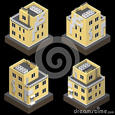 Yellow residential building in a small isolated platform. Raster 3d illustration of a perspective view. Set of 4 types Cartoon Illustration