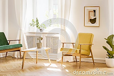 Yellow, retro armchair and a green sofa by a big, sunny window i Stock Photo