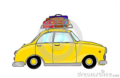 Yellow retro car with luggage Stock Photo