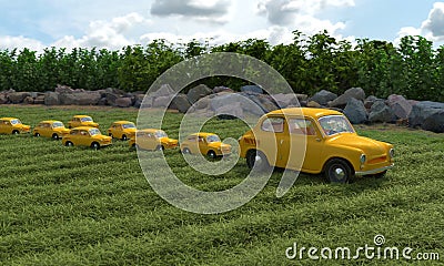 Yellow retro cars associated with mom duck and her children ducklings. Conceptual creative illustration with double meaning. 3D Cartoon Illustration
