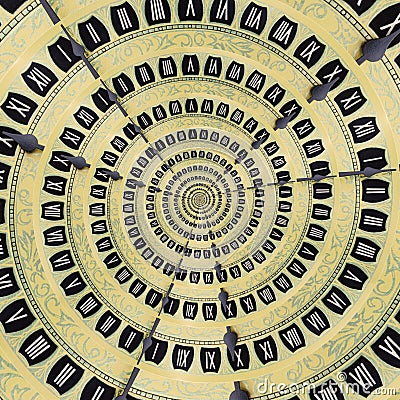 Yellow retro old clock spiral abstract background. Antique clock fractal background. Time spiral surreal clock Stock Photo