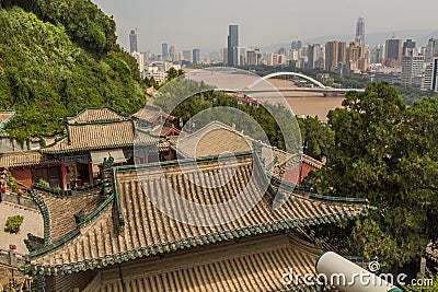 Yellow river Huang He in Lanzhou from White Pagoda temple, Gansu Province, Chi Editorial Stock Photo