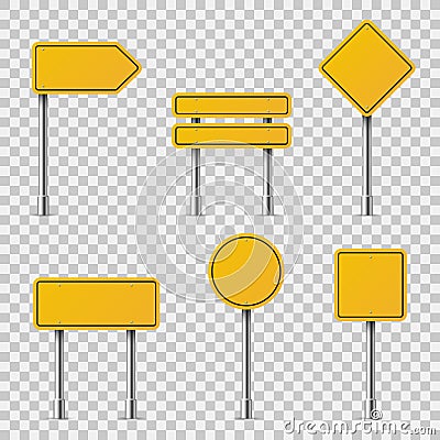 Yellow road signs. Blank traffic road empty warning caution attention stop safety shape danger boards street guide Vector Illustration