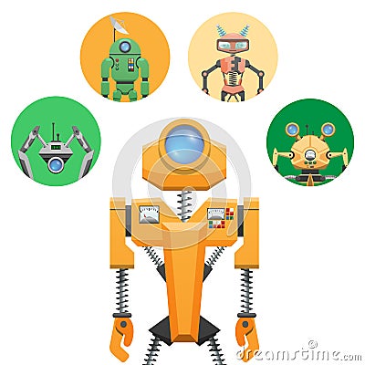 Yellow Robot with Retractable Round Eye Four Icons Vector Illustration